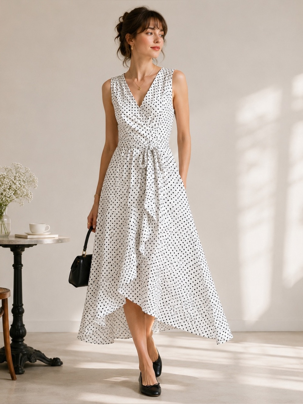 DKNY Polka Dot Wrap Style Midi‎ Dress White Black Cotton Size 14